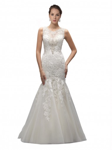 Ivory Illusion Neck Sleeveless Tulle & Lace Long Mermaid Wedding Dress Townsville