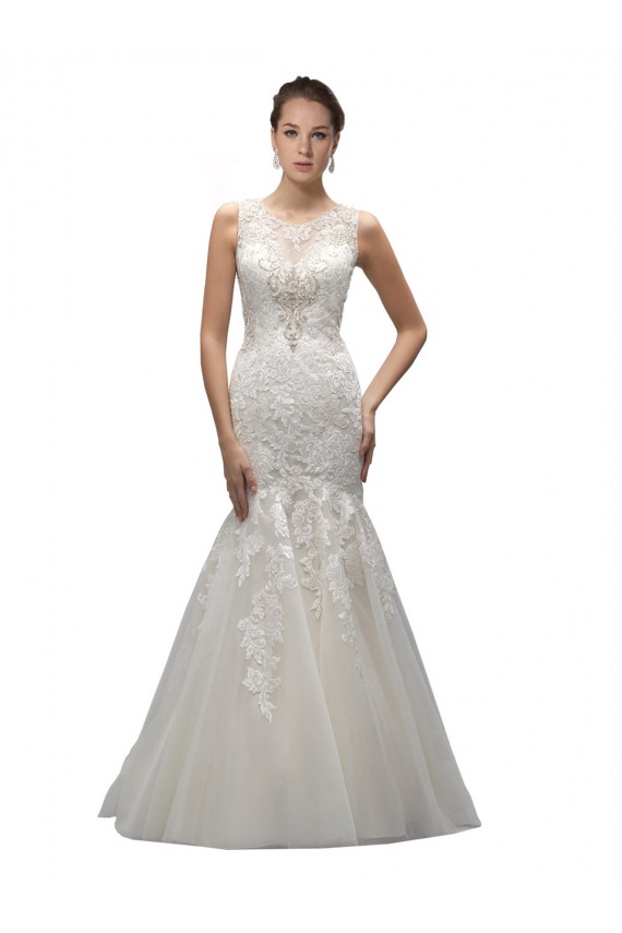 Ivory Illusion Neck Sleeveless Tulle & Lace Long Mermaid Wedding Dress Townsville