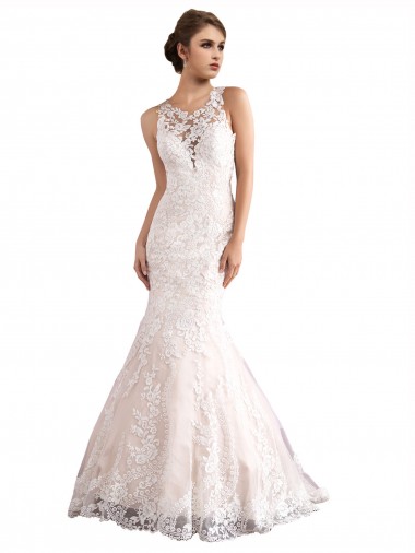 Ivory & Champagne Illusion Neck Sleeveless Tulle & Lace Mermaid Wedding Dress Townsville