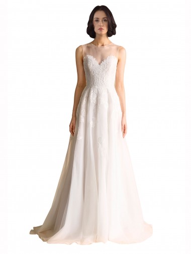 Ivory Illusion Neck Long Sleeveless Tulle A-Line Wedding Dress Townsville