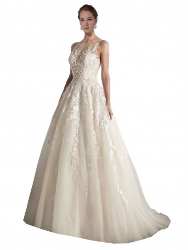 Ivory & Champagne Illusion Neck Sleeveless A-Line Wedding Dress Townsville