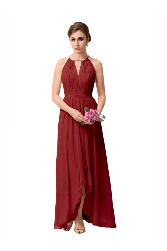 Burgundy High Neck Sleeveless A-Line High Low Bridesmaid Dress Townsville