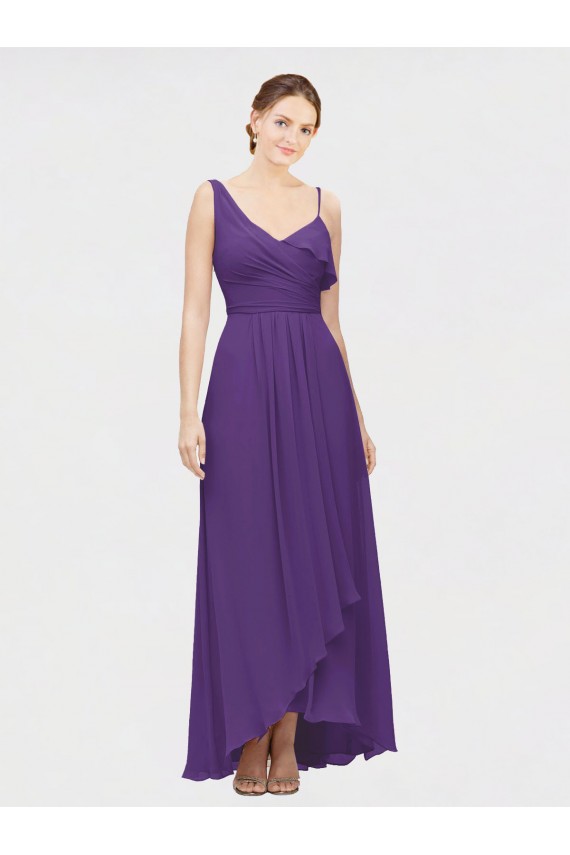 Plum Purple V-Neck Sleeveless A-Line High Low Bridesmaid Dress Townsville