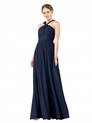 Dark Navy V-Neck Sleeveless Princess Bridesmaid Gowns Townsville