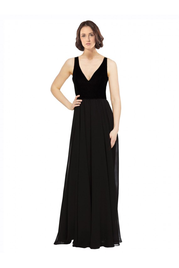 Black V-Neck Sleeveless V-Back Soft Chiffon & Velvet A-Line Prom Dress / Bridesmaid Dress Townsville