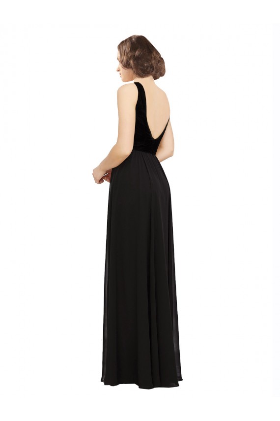 Black V-Neck Sleeveless V-Back Soft Chiffon & Velvet A-Line Prom Dress / Bridesmaid Dress Townsville
