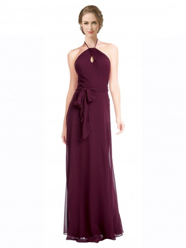 Burgundy Halter Neck Sleeveless Low Back A-Line Evening Dress / Bridesmaid Dress Townsville