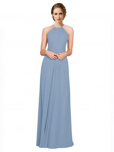 Dusty Blue High Neck Sleeveless Open Back A-Line Bridesmaid Dress / Evening Dress Townsville