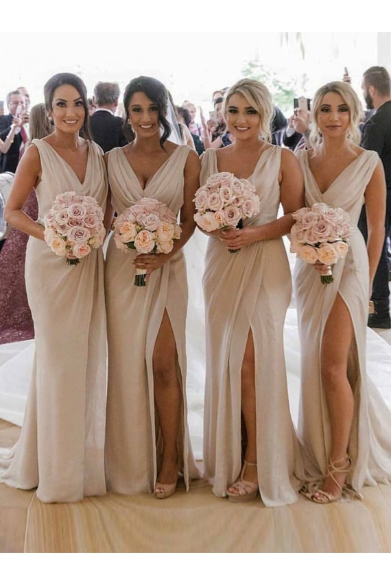 Champagne V-Neck Sleeveless Low Back A-Line Bridesmaid Dress Townsville
