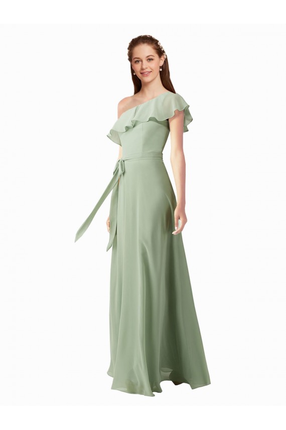 Smoke Green One Shoulder Flutter Sleeves A-Line Bridesmaid Dress Townsville