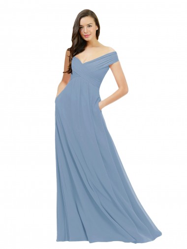 Dusty Blue Off the Shoulder Sleeveless A-Line Bridesmaid Dress / Evening Gowns Townsville