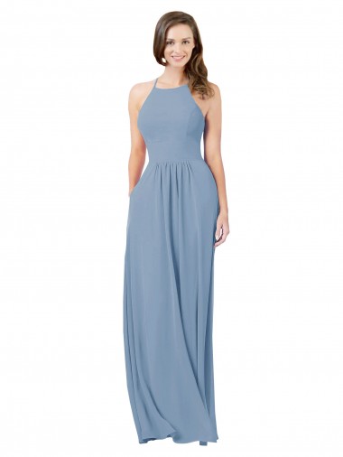 Dusty Blue Halter Neck Sleeveless Keyhole Back A-Line Bridesmaid Gowns Townsville