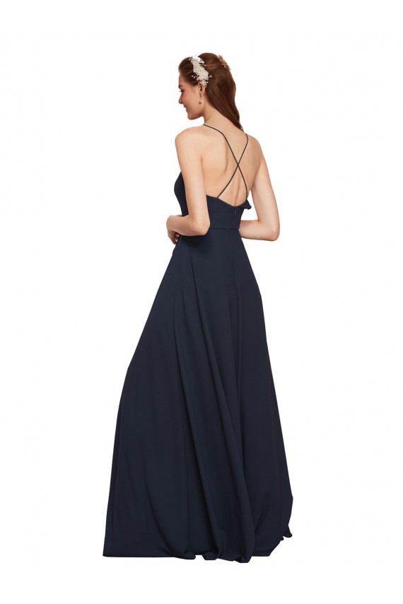 Dark Navy V-Neck Sleeveless Open Back A-Line Bridesmaid Dresses Townsville