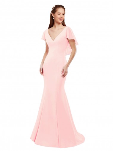 Pink V-Neck Flutter Sleeves V-Back Mermaid Bridesmaid Dress Townsville