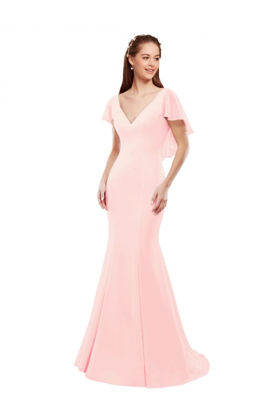 Pink V-Neck Flutter Sleeves V-Back Mermaid Bridesmaid Dress Townsville