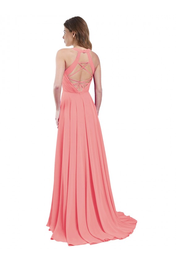 Watermelon Halter Neck Sleeveless Open Back A-Line Bridesmaid Dress / Evening Dress Townsville