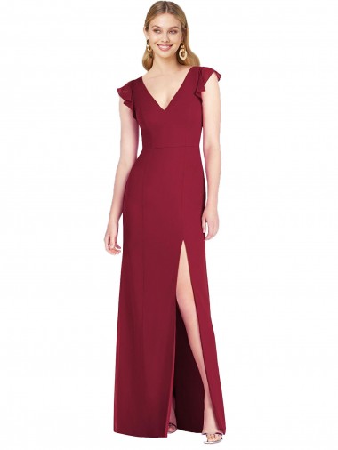 Burgundy V-Neck Ruffle Sleeves Tie Back Mermaid Bridesmaid Dress Townsville
