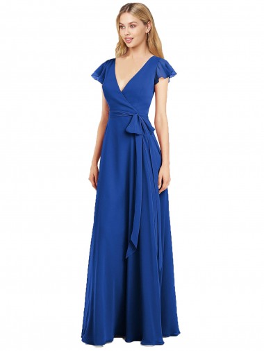 Royal Blue V-Neck Flutter Sleeves A-Line Bridesmaid Dress Townsville