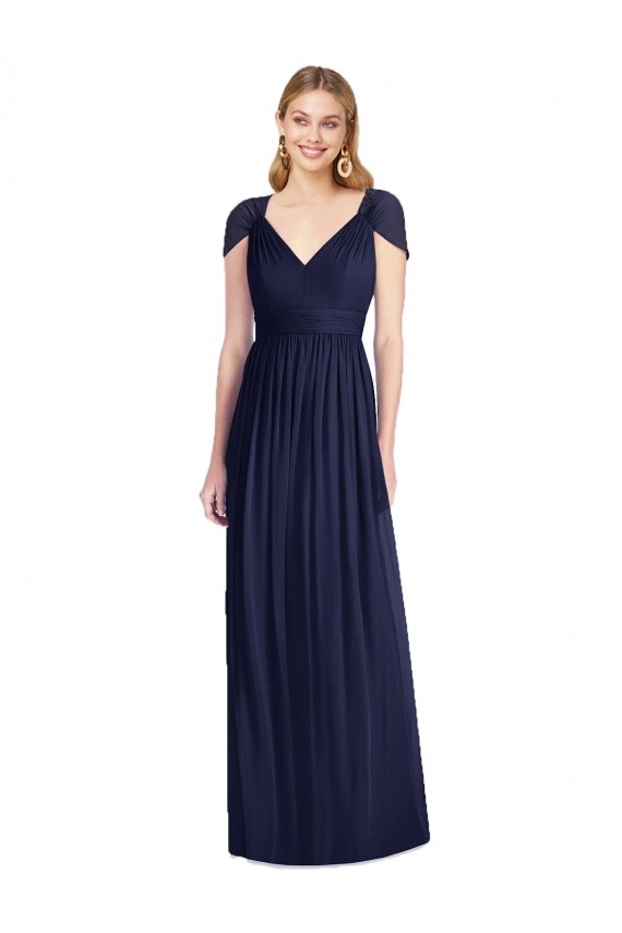 Dark Navy V-Neck Cap Sleeves Open Back Trumpet Bridesmaid Dress Townsville