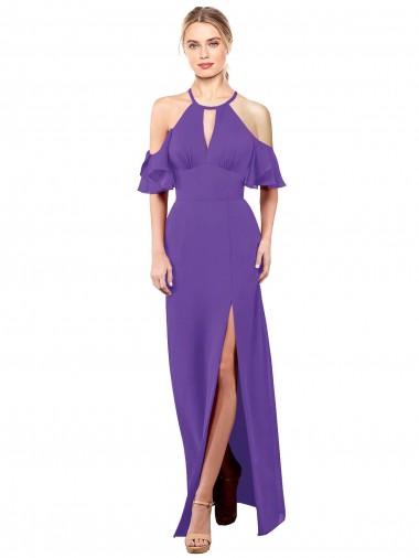Purple Halter Neck Ruffle Sleeves Open Back A-Line Bridesmaid Dress Townsville