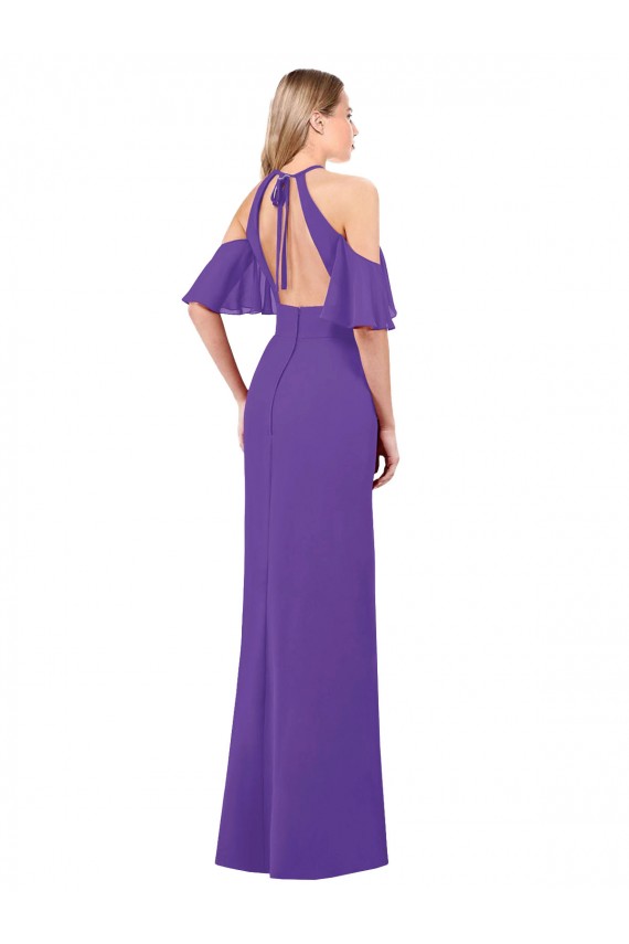 Purple Halter Neck Ruffle Sleeves Open Back A-Line Bridesmaid Dress Townsville