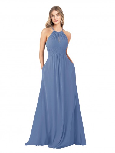 Windsor Blue High Neck Sleeveless Keyhole Back A-Line Bridesmaid Dress Townsville