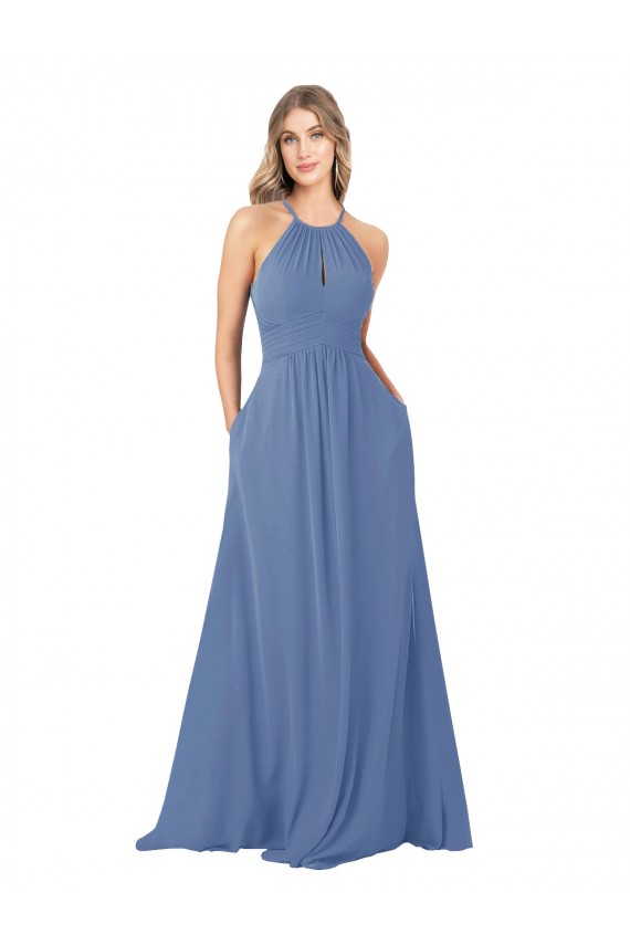 Windsor Blue High Neck Sleeveless Keyhole Back A-Line Bridesmaid Dress Townsville