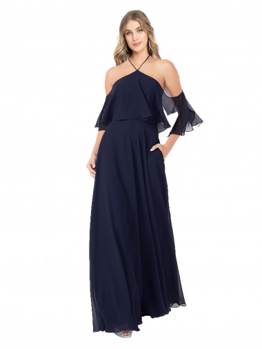 Dark Navy High Neck Flutter Sleeves A-Line Formal Dress / Bridesmaid Dress Townsville