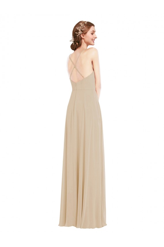 Champagne V-Neck Sleeveless Open Back A-Line Semi Formal Evening Dress / Bridesmaid Dress Townsville