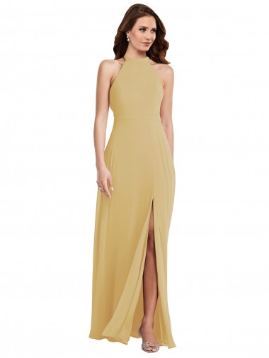 Gold Halter Neck Sleeveless Open Back A-Line Semi Formal Evening Dress / Bridesmaid Dress Townsville