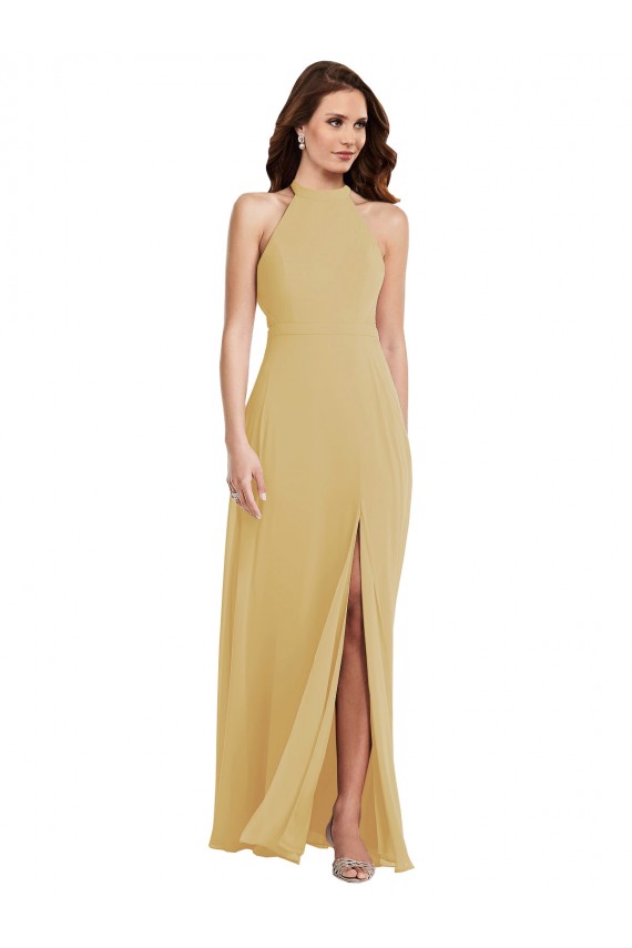 Gold Halter Neck Sleeveless Open Back A-Line Semi Formal Evening Dress / Bridesmaid Dress Townsville