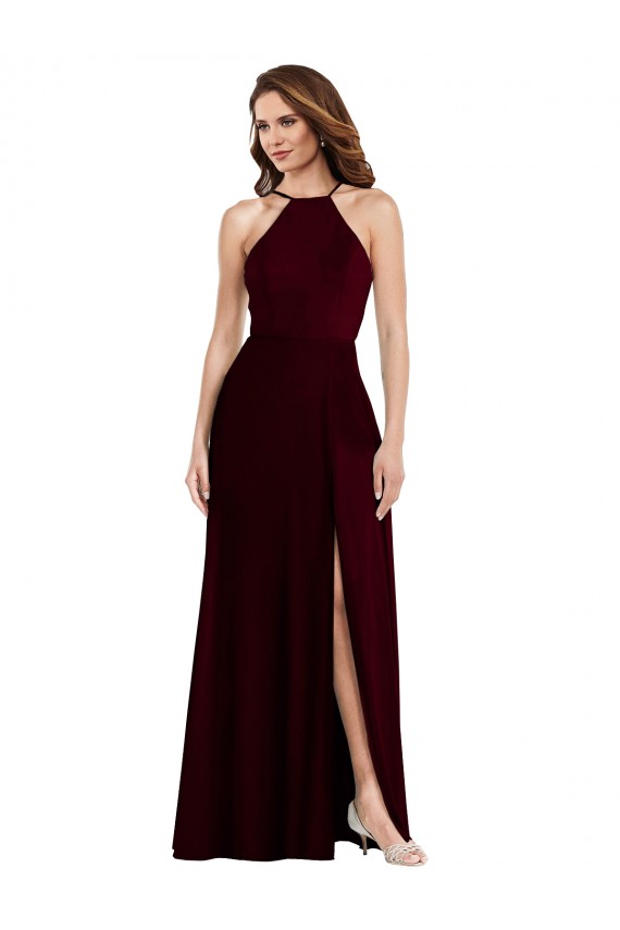 Burgundy Gold Halter Neck Sleeveless Low Back A-Line Semi Formal Evening Dress / Bridesmaid Dress Townsville