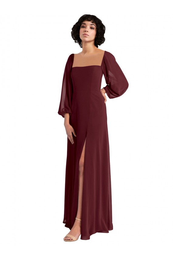 Burgundy Gold Square Neck Long Sleeves A-Line Bridesmaid Dress / Evening Dress Townsville