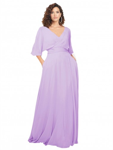 Lilac V-Neck Half Sleeves Low Back A-Line Bridesmaid Dress Townsville