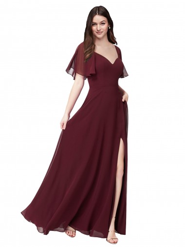 Burgundy Gold Sweetheart Short Flutter Sleeves Keyhole Back A-Line Formal Dress / Bridesmaid Dress Townsville