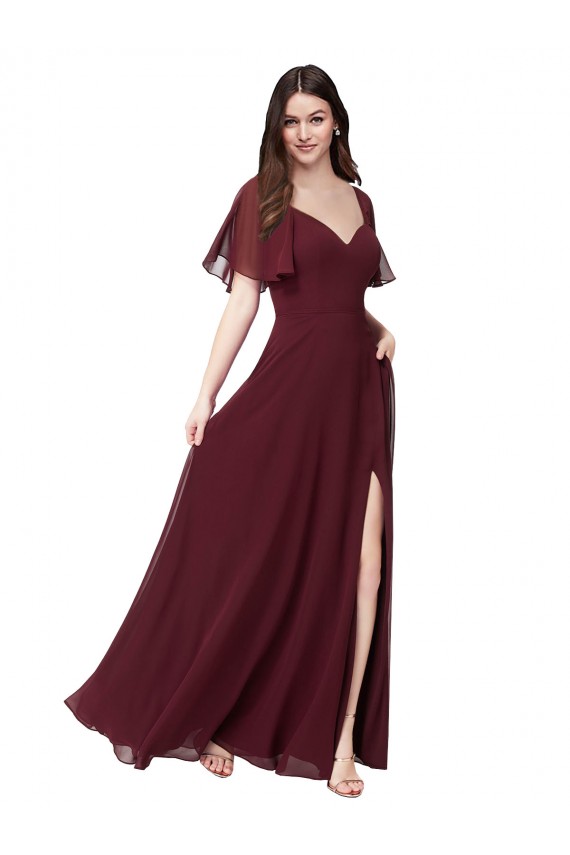 Burgundy Gold Sweetheart Short Flutter Sleeves Keyhole Back A-Line Formal Dress / Bridesmaid Dress Townsville