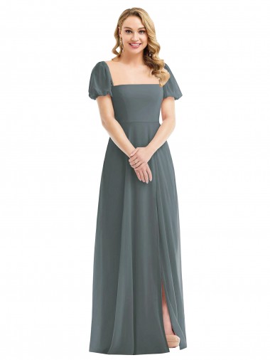 Slate Grey Square Neck Puff Sleeves A-Line Semi Formal Evening Dress / Bridesmaid Dress Townsville