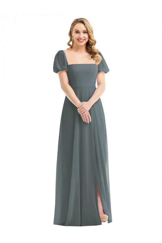 Slate Grey Square Neck Puff Sleeves A-Line Semi Formal Evening Dress / Bridesmaid Dress Townsville