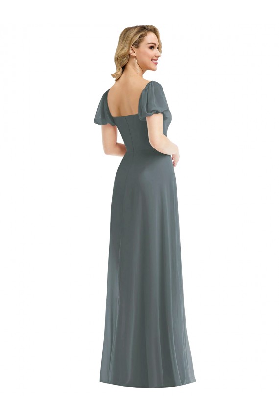 Slate Grey Square Neck Puff Sleeves A-Line Semi Formal Evening Dress / Bridesmaid Dress Townsville