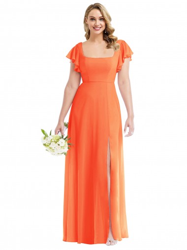 Tangerine Tango Square Neck Flutter Sleeves Open Back A-Line Semi Formal Evening Dress / Bridesmaid Dress Townsville