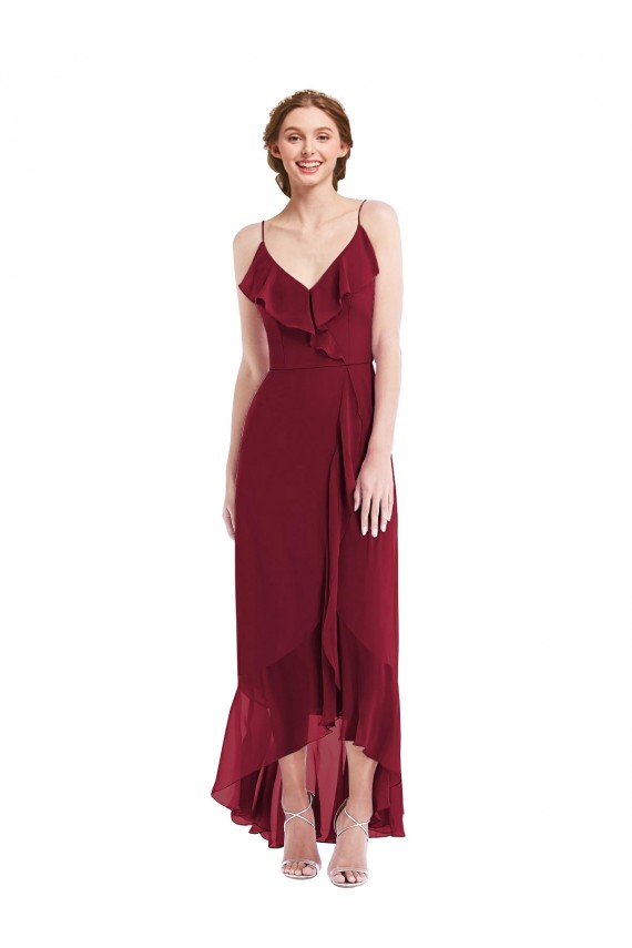Burgundy V-Neck Sleeveless Low Back A-Line High Low Evening Gown / Bridesmaid Dress Townsville