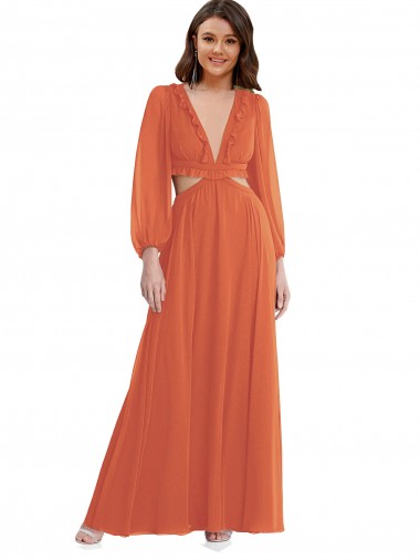 Firecracker V-Neck Long Sleeves Open Back A-Line High Low Evening Gown / Bridesmaid Dress Townsville