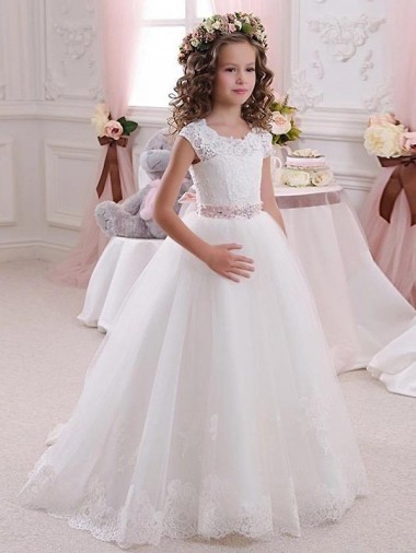 Ivory High Neck Cap Sleeves Keyhole Back Ball Gowns Flower Girl Dress Townsville