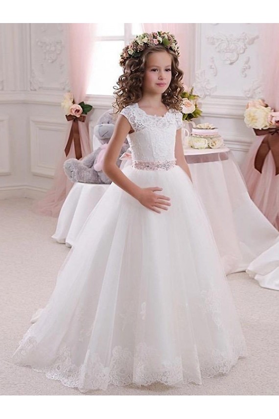 Ivory High Neck Cap Sleeves Keyhole Back Ball Gowns Flower Girl Dress Townsville