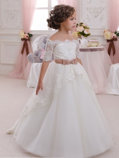 Ivory High Neck Short Sleeves Keyhole Back Ball Gown Flower Girl Dresses Townsville