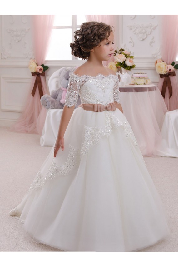 Ivory High Neck Short Sleeves Keyhole Back Ball Gown Flower Girl Dresses Townsville