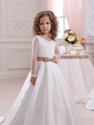 Ivory V-Neck Long Sleeves Ball Gown Flower Girl Dress Townsville
