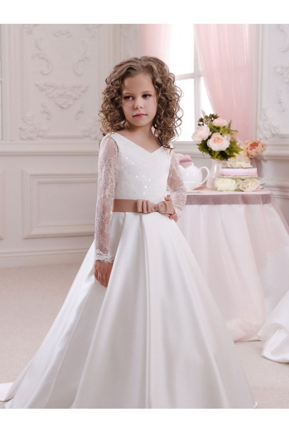 Ivory V-Neck Long Sleeves Ball Gown Flower Girl Dress Townsville