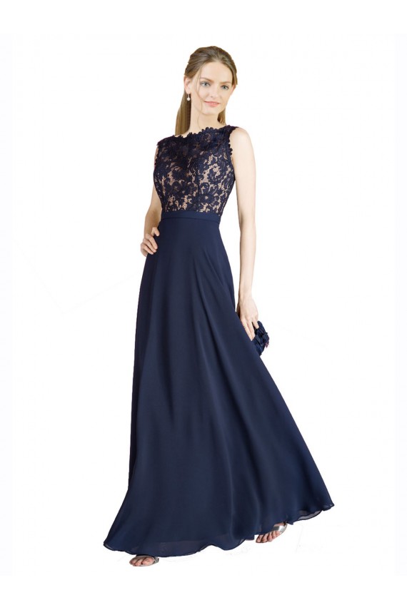 Dark Navy Illusion Neck Sleeveless V-Back A-Line Prom Dress / Bridesmaid Dress Townsville