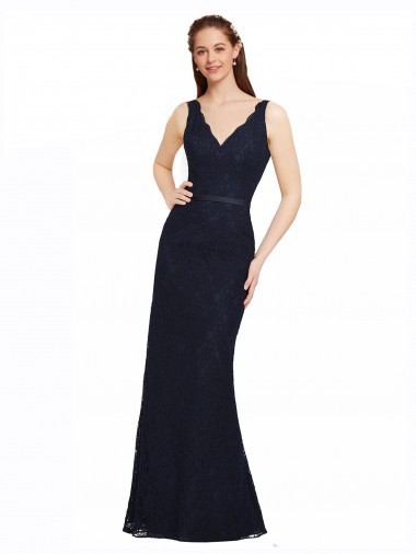 Dark Navy V-Neck Sleeveless Open Back Sheath Bridesmaid Dress Townsville